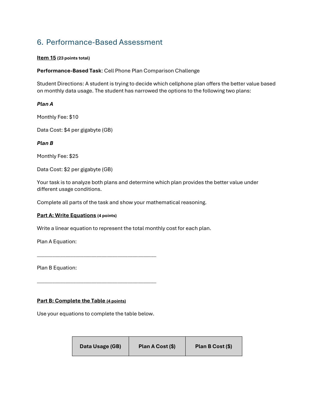 Beginning of the cellphone plan performance-based assessment task