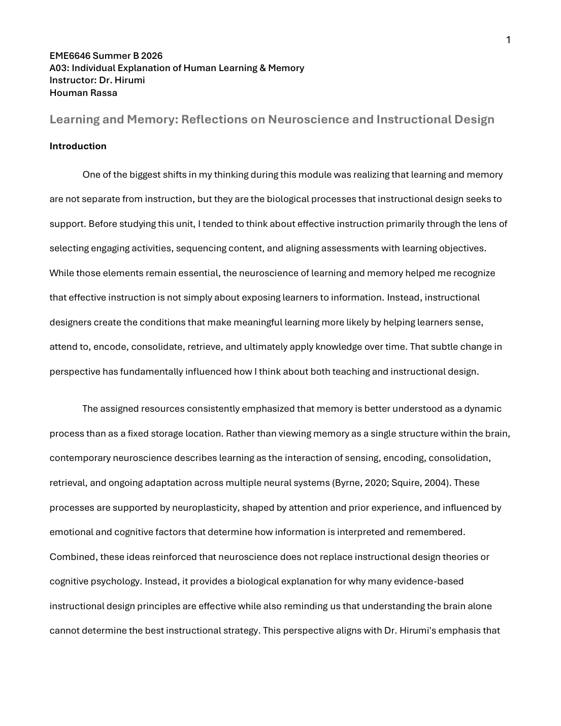 Cover of the Learning and Memory research reflection