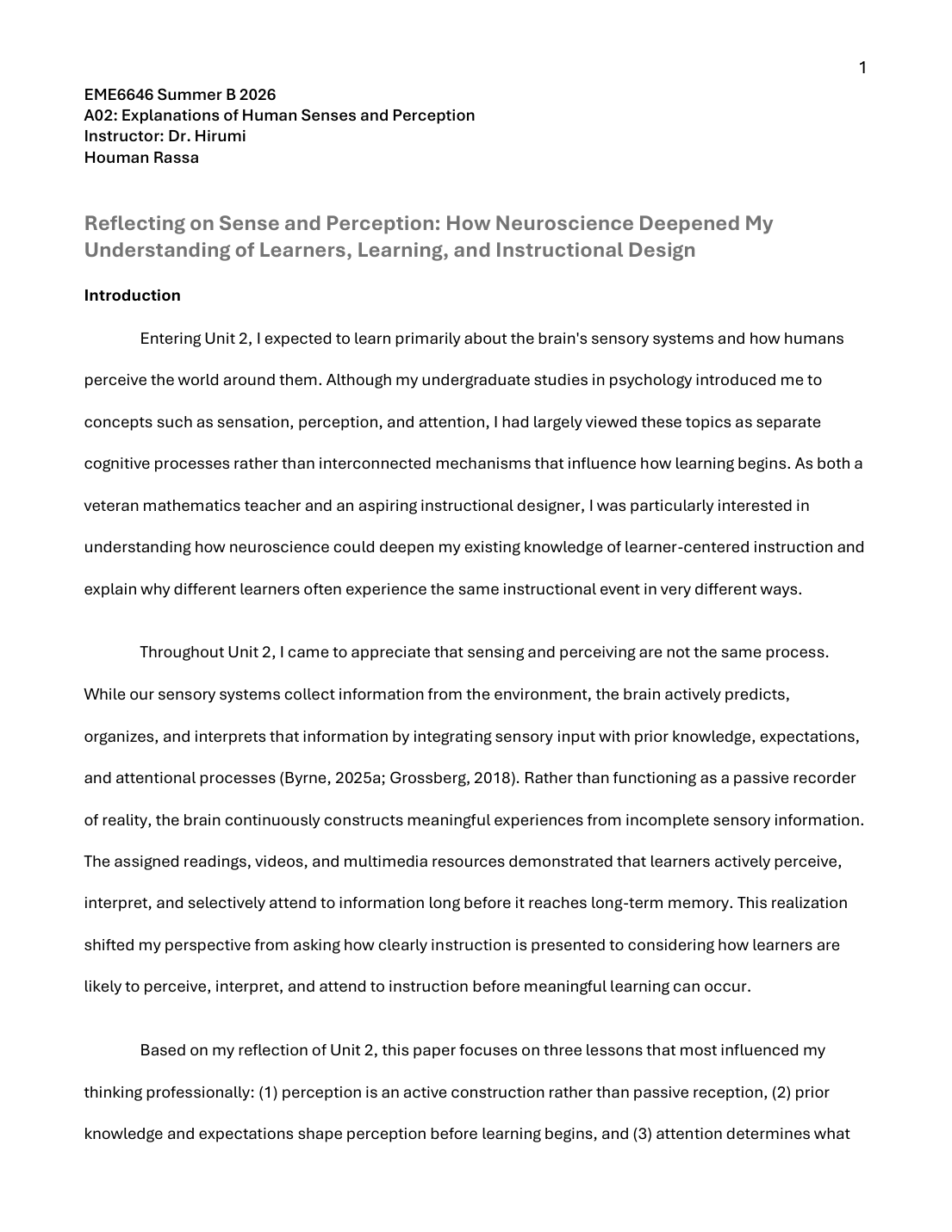 Cover of the Human Senses and Perception research reflection