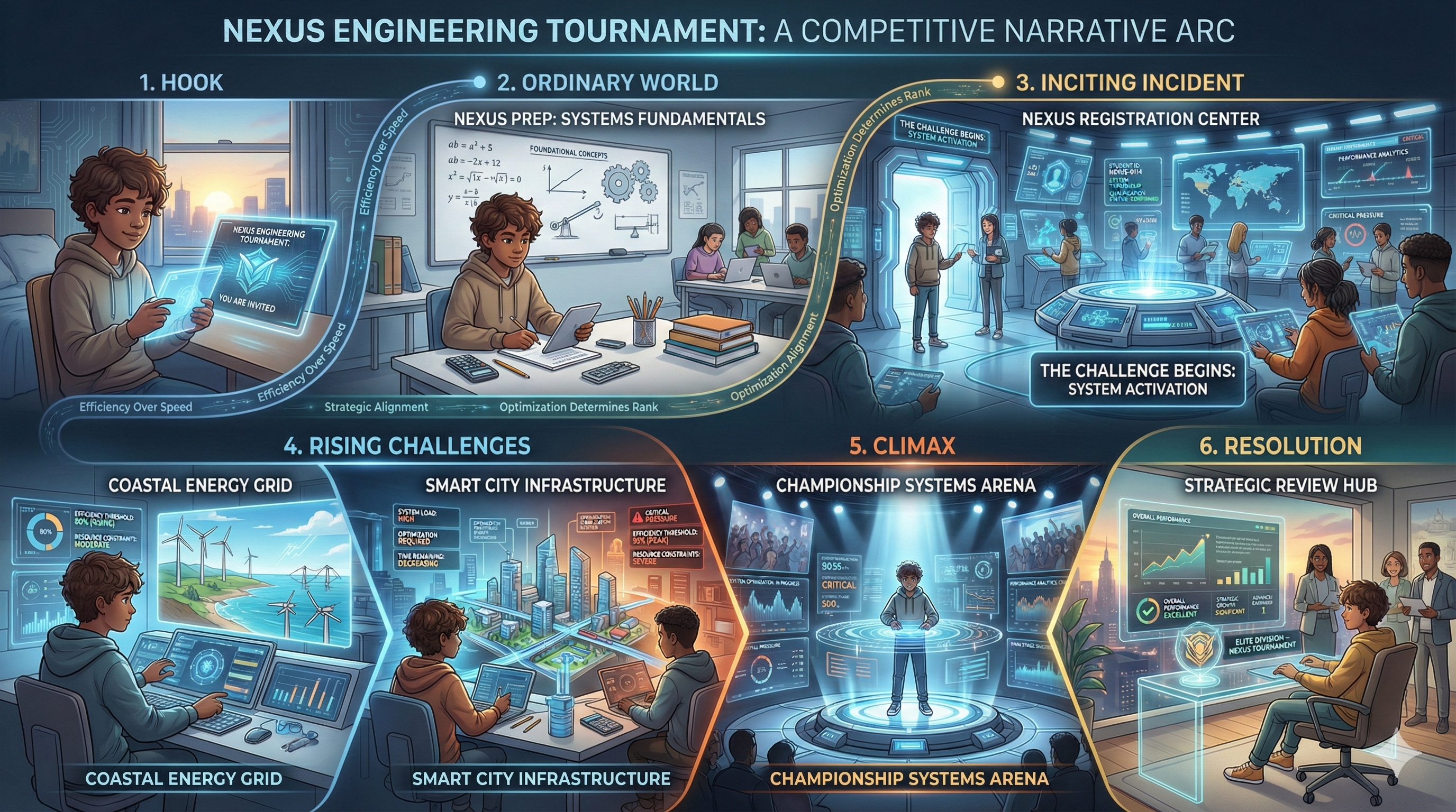 Strategix tournament experience arc progressing from invitation and preparation through rising challenges, championship competition, and strategic reflection
